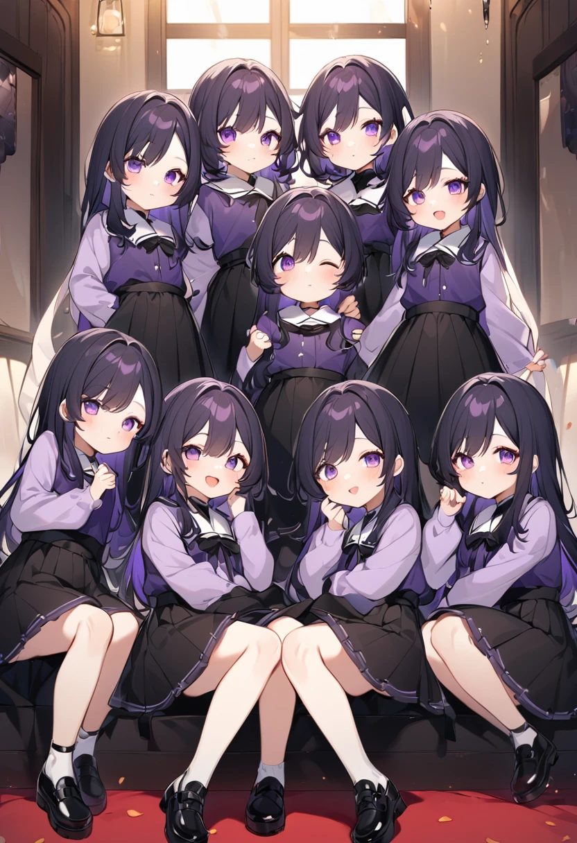 Keito。Purple hoodie。Black Skirt。Purple Eyes。Black Hair。Black shoes下。Black shoes。6 sistery eldest daughter has lavender hair.。all female。Sextuplets