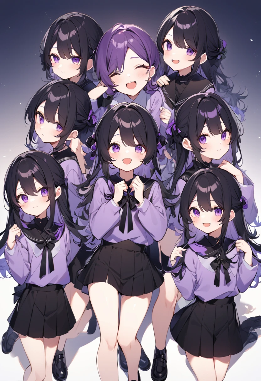 Keito。Purple hoodie。Black Skirt。Purple Eyes。Black Hair。Black shoes下。Black shoes。6 sistery eldest daughter has lavender hair.。all female。Sextuplets