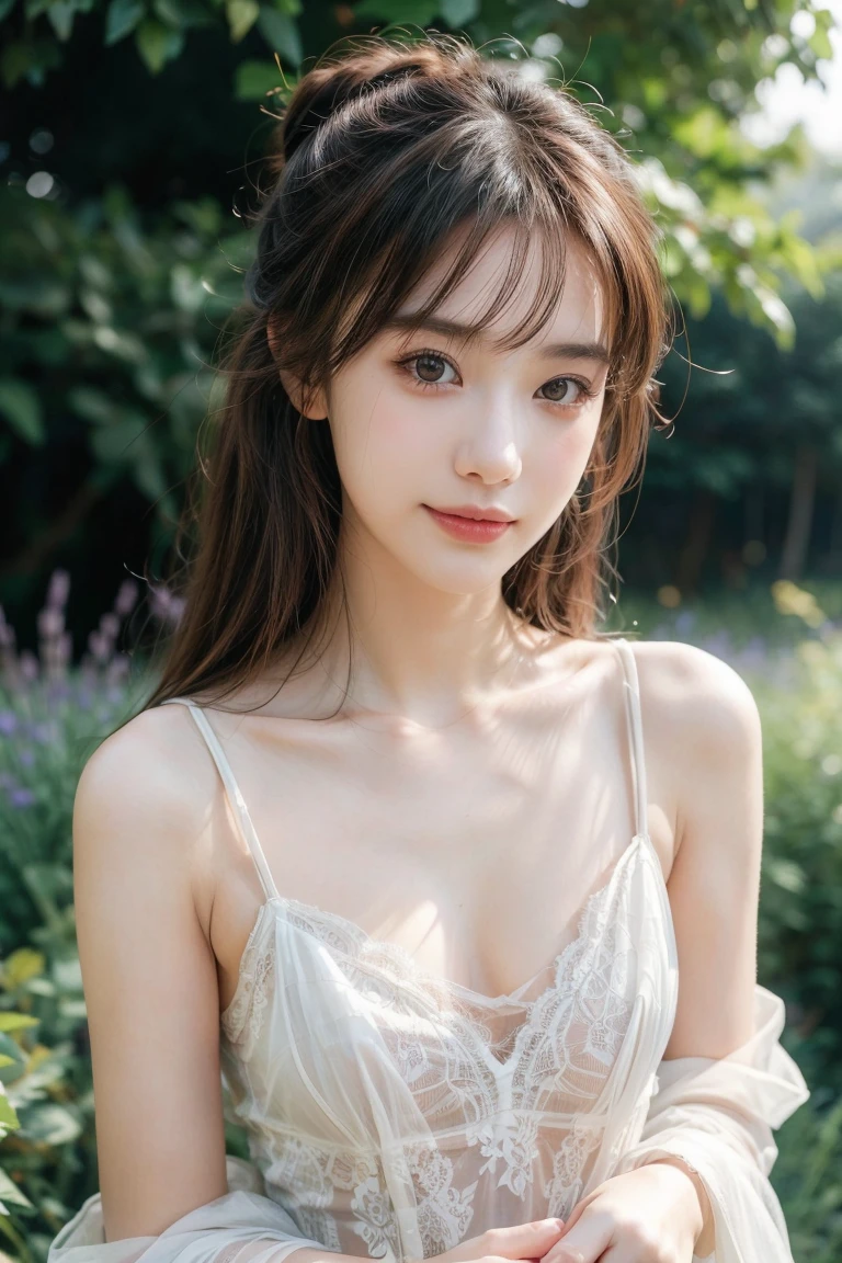 1girl, (looking at viewer:1.2), detail face, (a girl standing, rending on cgsociety, Lavender garden backdrop), romanticism, atmospheric, (RAW photo, best quality), (realistic, photo-realistic:1.3), masterpiece, an extremely delicate and beautiful, extremely detailed, D cup,Cleavage,Translucent brown tube top1.5)Hair in a bun,Small and delicate earrings,Exquisite eye details,Charming smile 1.5