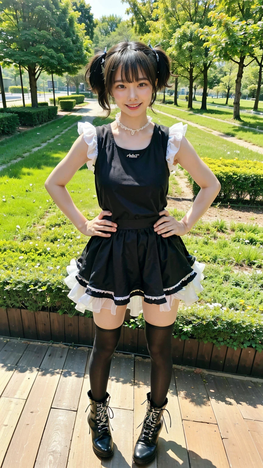 (8K、RAW Photos、Highest quality、masterpiece:1.2)、(Highest quality、Realistic)、1 Girl、((Tank top、Frills、Big Breasts、Breast enlargement、smile、tights、black and white mini skirt、Thin legs、whole body、boots、garden、View from the front、Looking into the camera、Idol Costume、Stand with hands on hips))、cute