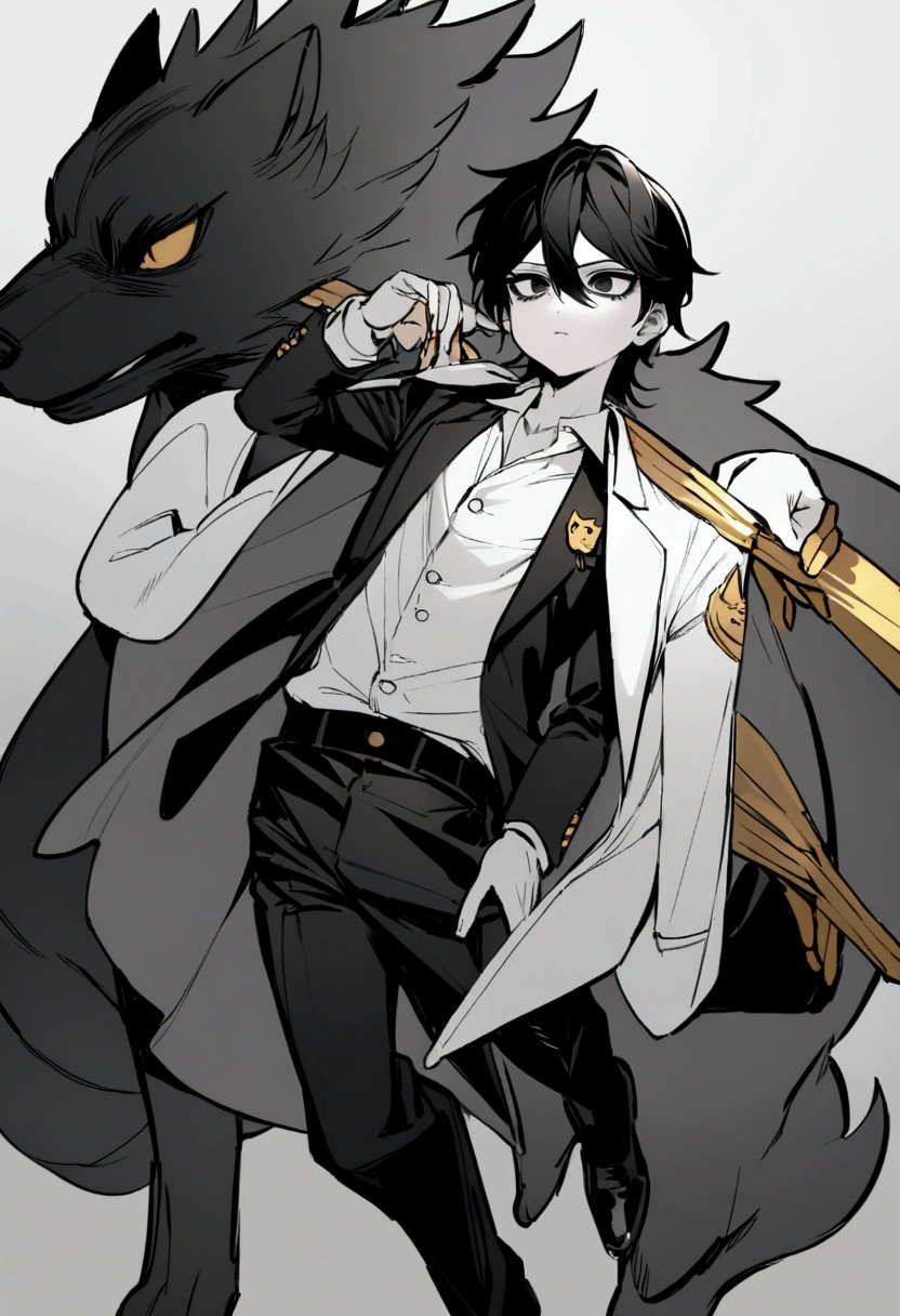 Masterpiece, children, boys, pale skin, black eyes, black hair, white shirt, black suits, black trousers, black shoes, white long jacket with gold bars on the shoulders, black short robe with feathers, black and white fedora hat, red reversible stole, sharp gaze, he's the mafia boss of the strongest mafia group, wolf logo, both hands put in pockets, with his finace, she hold his hand