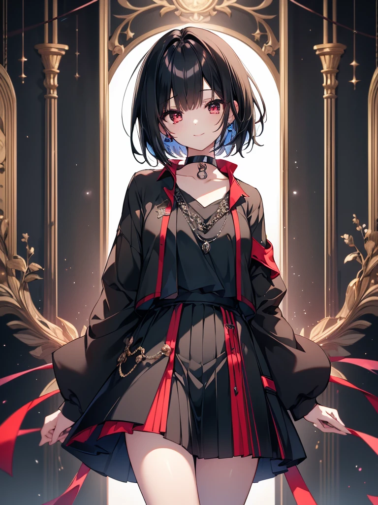 (masterpiece, highest quality, highest quality, (No text), Beautiful and aesthetic:1.2),No text,アニメ、BREAK,One Girl，Black Hair Girl　short hair　older sister　choker　Tree Eyes　Beautiful eyes　Red eyes　cool　smile　Red and Black　Black jacket　mini skirt　whole body　Night view