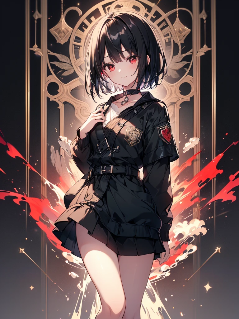 (masterpiece, highest quality, highest quality, (No text), Beautiful and aesthetic:1.2),No text,アニメ、BREAK,One Girl,Black Hair Girl short hair older sister choker Tree Eyes Beautiful eyes Red eyes cool smile Red and Black Black jacket mini skirt whole body Night view