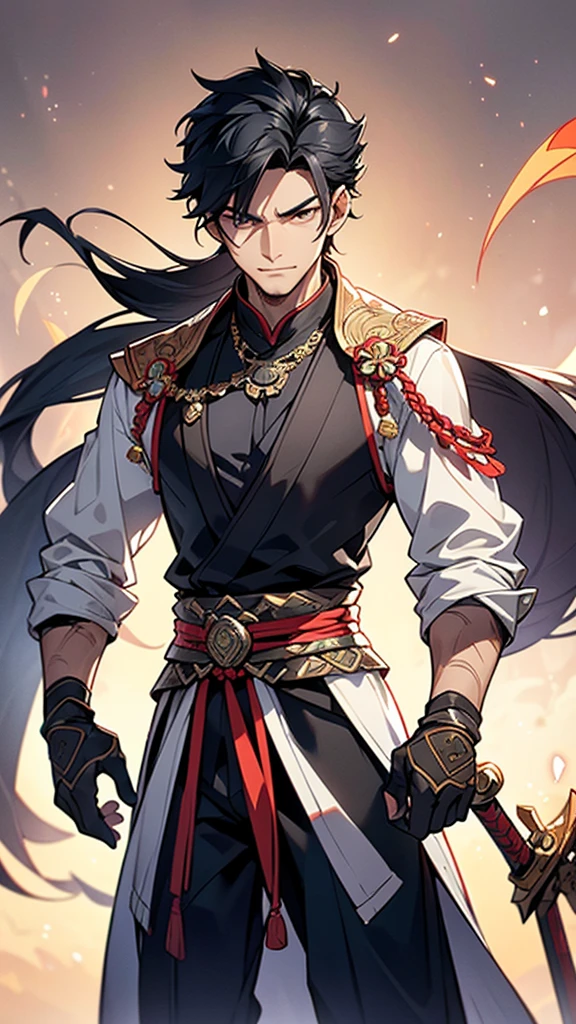 The protagonist is a young, charismatic Chinese man in his mid-20s, exuding an air of confident arrogance. He stands at around 6 feet tall, with a lean but muscular build, indicating both agility and strength. His sharp, angular facial features include high cheekbones, a straight nose, and piercing almond-shaped eyes that gleam with intelligence and a hint of mischief. His eyes are a deep, penetrating black, often reflecting a cunning glint that hints at his ambitious nature.
**Hairstyle and Clothing:**
His jet-black hair is styled in a modern, slightly tousled look, with the longer top strands casually swept back, giving him a refined yet effortlessly stylish appearance. He wears a traditional Hanfu, symbolizing his connection to ancient Chinese culture, but with a contemporary twist. The Hanfu is made of luxurious silk, in shades of dark blue and silver, intricately embroidered with patterns of dragons and clouds, signifying power and ambition. The long, flowing sleeves and the high-collared neck add to his regal demeanor.
**Accessories and Actions:**
In one hand, he holds an ancient, ornate sword with a gleaming blade, the hilt adorned with intricate designs and precious stones. The sword symbolizes his readiness for battle and his deep connection to his heritage. Around his neck hangs a jade pendant, a family heirloom, radiating a subtle, otherworldly glow, suggesting a link to supernatural powers. His stance is confident and commanding, with one foot slightly forward as if he is ready to step into action at any moment.
**Background and Setting:**
The background is a dynamic blend of ancient and futuristic elements, representing the novel’s unique setting of a civilization that merges traditional Chinese culture with advanced technology. Behind him, towering skyscrapers made of shimmering glass and steel contrast with traditional pagodas and ancient stone structures, creating a harmonious blend of the past and the future. The sky is painted with hues of