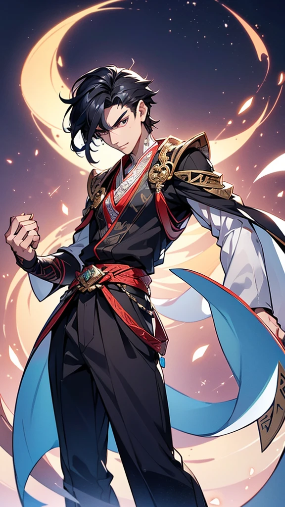 The protagonist is a young, charismatic Chinese man in his mid-20s, exuding an air of confident arrogance. He stands at around 6 feet tall, with a lean but muscular build, indicating both agility and strength. His sharp, angular facial features include high cheekbones, a straight nose, and piercing almond-shaped eyes that gleam with intelligence and a hint of mischief. His eyes are a deep, penetrating black, often reflecting a cunning glint that hints at his ambitious nature.
**Hairstyle and Clothing:**
His jet-black hair is styled in a modern, slightly tousled look, with the longer top strands casually swept back, giving him a refined yet effortlessly stylish appearance. He wears a traditional Hanfu, symbolizing his connection to ancient Chinese culture, but with a contemporary twist. The Hanfu is made of luxurious silk, in shades of dark blue and silver, intricately embroidered with patterns of dragons and clouds, signifying power and ambition. The long, flowing sleeves and the high-collared neck add to his regal demeanor.
**Accessories and Actions:**
In one hand, he holds an ancient, ornate sword with a gleaming blade, the hilt adorned with intricate designs and precious stones. The sword symbolizes his readiness for battle and his deep connection to his heritage. Around his neck hangs a jade pendant, a family heirloom, radiating a subtle, otherworldly glow, suggesting a link to supernatural powers. His stance is confident and commanding, with one foot slightly forward as if he is ready to step into action at any moment.
**Background and Setting:**
The background is a dynamic blend of ancient and futuristic elements, representing the novel’s unique setting of a civilization that merges traditional Chinese culture with advanced technology. Behind him, towering skyscrapers made of shimmering glass and steel contrast with traditional pagodas and ancient stone structures, creating a harmonious blend of the past and the future. The sky is painted with hues of