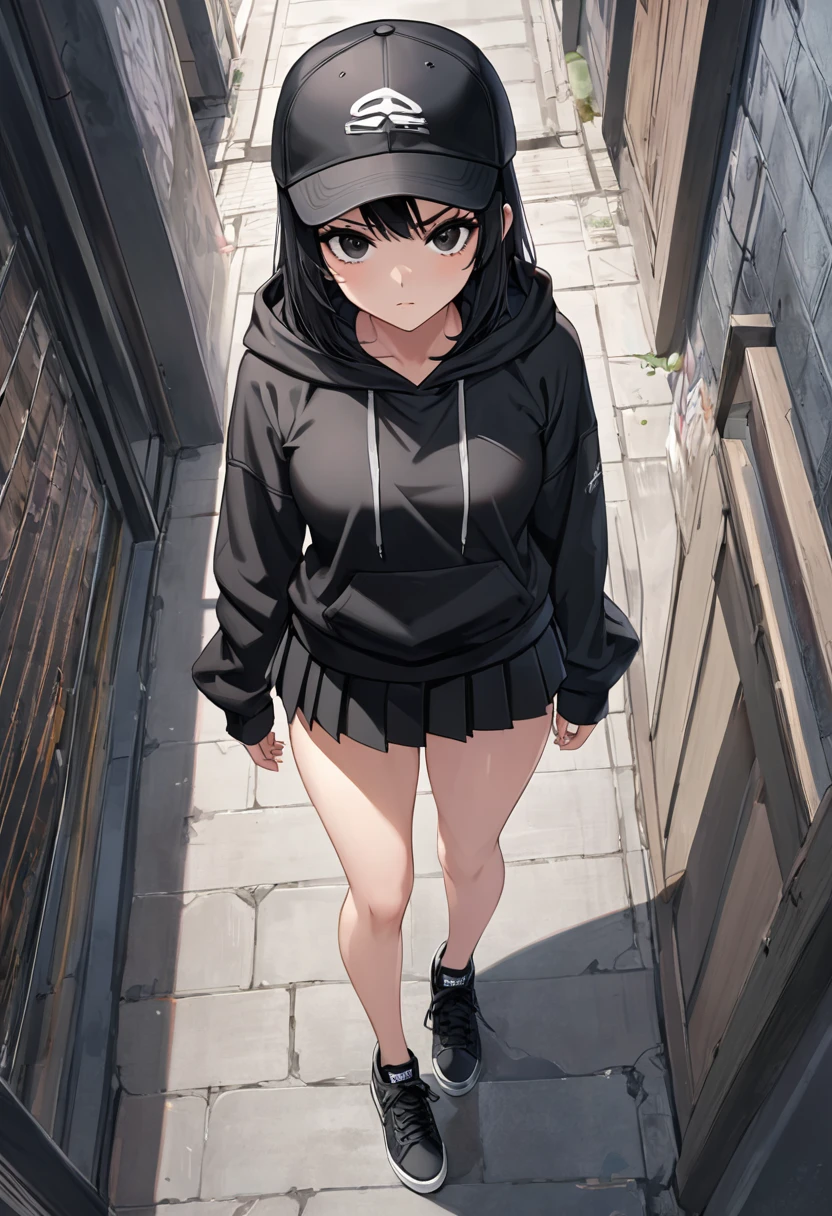 Black miniskirt , Black sneakers , Black hoodie , pleated skirt , whole body , thighs , assassin , black hair , black eyes , black ball cap , long sleeves , bare legs , standing posture , View from above