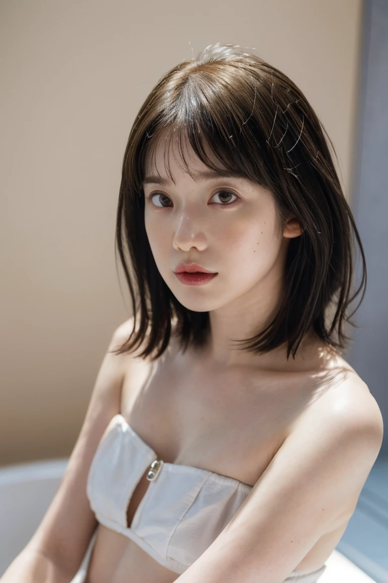 ((Upper Body:1.3)).Blown by the long wind [Blue-black:.3] hair,Looking at the audience,  (8K, Realistic, RAW Photos, Highest quality: 1.4 Japanese, (1 Girl), Beautiful Face, (Realistic face),{Wavy medium hair|Front hair long bob|short hair with long bangs}{Black hair|Brown hair|Blonde hair}, Beautiful hairstyle, Realistic eyes, Beautiful and beautiful eyes, (Realistic skin), Beautiful Skin, charm, Ultra-high resolution, Surreal, Very detailed, Golden Ratio,shame(Blushing:1.3),(Upper Bodyは裸:1.2),Small areola、(I can see your belly button)、(Small eyes)、Nude,just,naked,(White skin),Bobcut、Bathroom、Sit in the bathtub