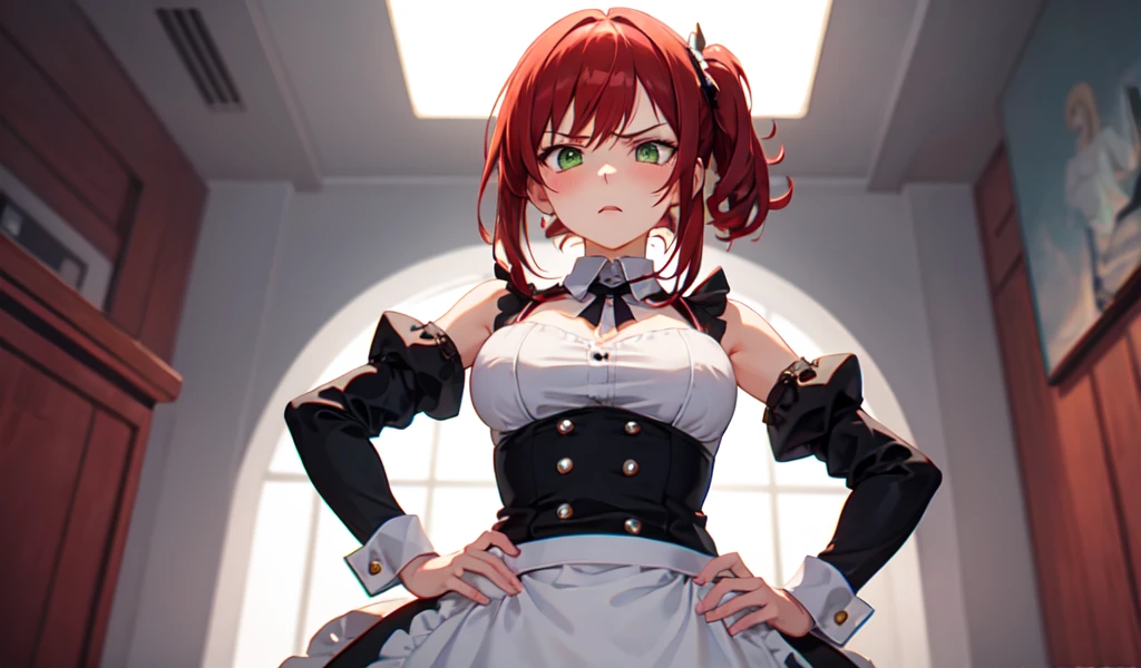 ((best quality)), ((masterpiece)), (detailed), 1girl, Beautiful stylish maid is a little angry,Angle from directly below,Hands on hips,Very attractive,,Red hair,Beautiful green eyes,Her face is red and she looks a little embarrassed.