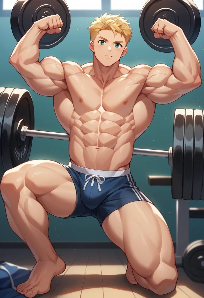 (​masterpiece, best quality), Intricate detailing, 8K, artstation, Anime art, Young Teenager, Teen Bodybuilder, 14 years old, blonde hair, posing bis muscles in underwear, barefoot, Buff muscle Body, flexing his muscles, muscular chest, weightlifting, side muscles 