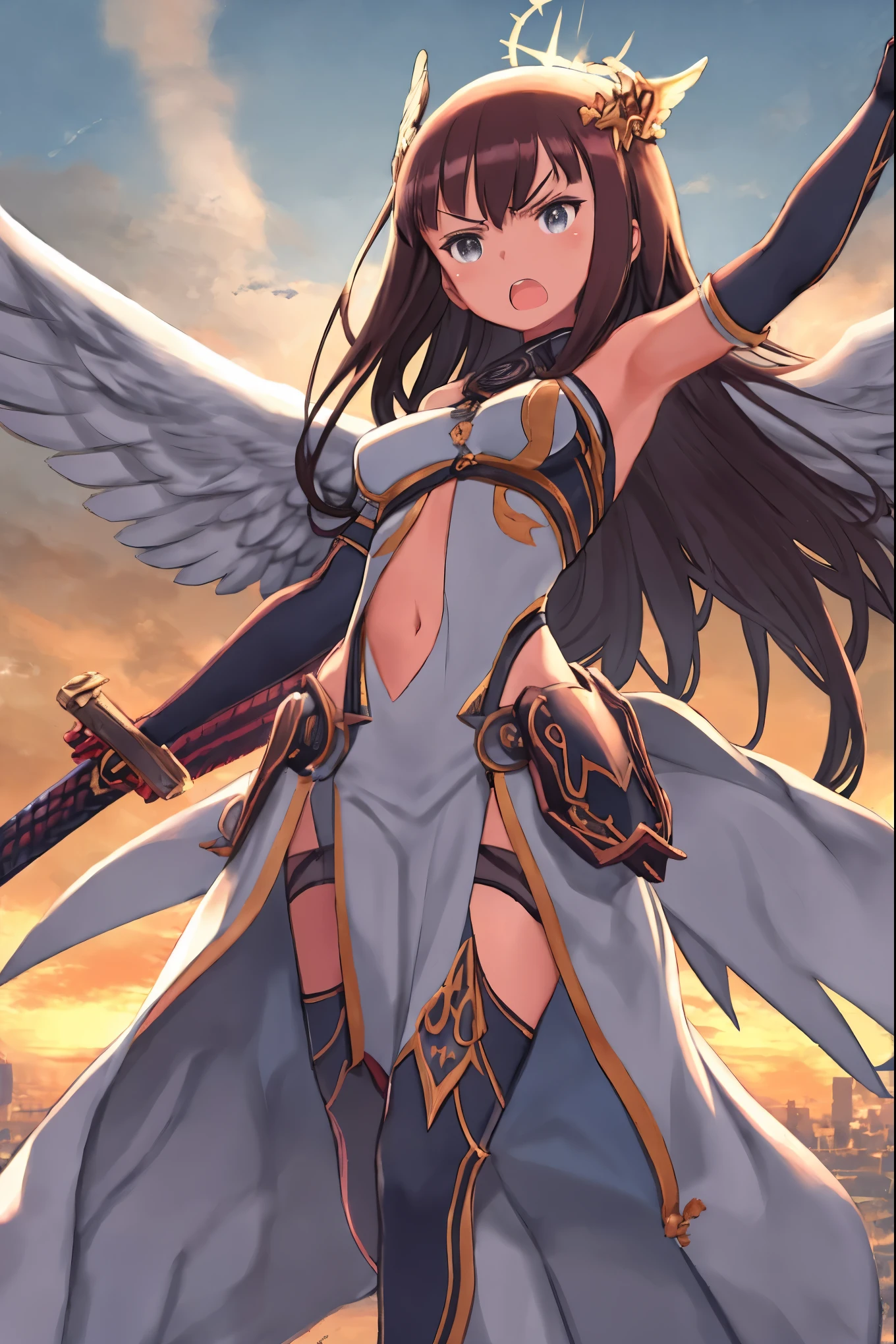 fantasy, 1angel_girl, low_, dark_brown_hair,long_bangs, (dark_skin)+, bare_shoulder, navel out, thighhighs,silver_shiny_armor, white_clothes,waist_armor, Glebe, hold_swords_emits_light, medium_breasts, dynamic_flying_pose,Floating, (1pair_white_wings:1.2),(pelvic_curtain:1.3), silver_Headgear ,looking_down_at_sunset_city_sky_background,,slightly_spread_legs, some_swords_emits_light,some_swords_emits_light_floating_around_the_girl,solo,glare_halo,angry,shout,open_mouth,open_legs,open_arms,rise_knee,rise_leg,rise_thigh,rise_leg,forward_leaning_posture,apart_legs,