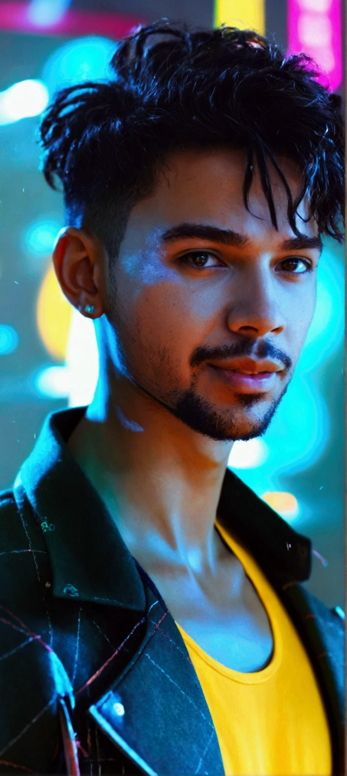 realistic, portrait of a man,AI language model, short hair, smart, energetic, cheerful, creative, with sparkling eyes and a contagious smile, cybertech wear, sleek and futuristic design elements, 20 years old, man, Moroccan, bad boy, black jacket, yellow top tank, cyberpunk clothes, cleavage exposed
