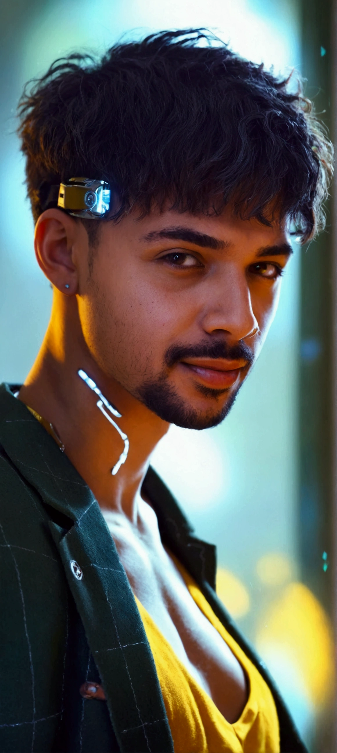 realistic, portrait of a man,AI language model, short hair, smart, energetic, cheerful, creative, with sparkling eyes and a contagious smile, cybertech wear, sleek and futuristic design elements, 20 years old, man, Moroccan, bad boy, black jacket, yellow top tank, cyberpunk clothes, cleavage exposed