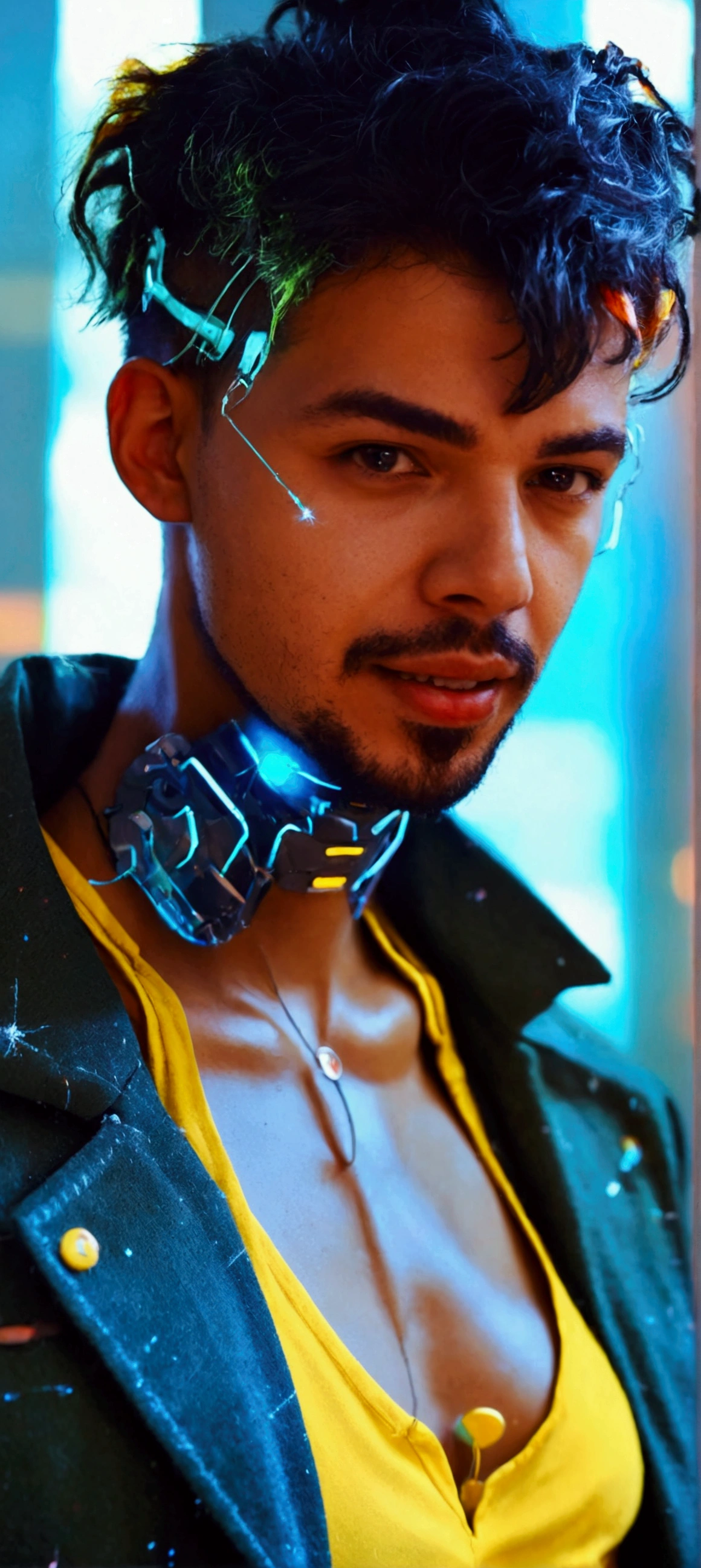 realistic, portrait of a man,AI language model, short hair, smart, energetic, cheerful, creative, with sparkling eyes and a contagious smile, cybertech wear, sleek and futuristic design elements, 20 years old, man, Moroccan, bad boy, black jacket, yellow top tank, cyberpunk clothes, cleavage exposed