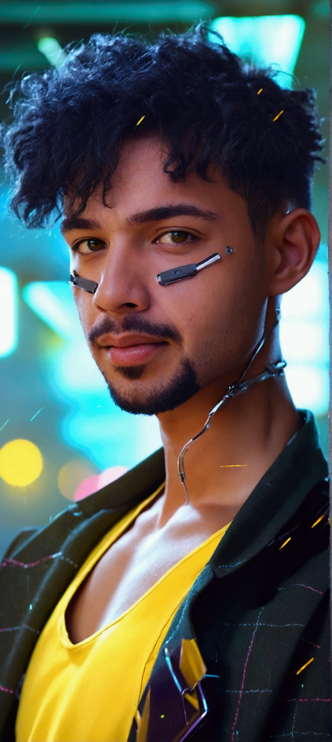realistic, portrait of a man,AI language model, short hair, smart, energetic, cheerful, creative, with sparkling eyes and a contagious smile, cybertech wear, sleek and futuristic design elements, 20 years old, man, Moroccan, bad boy, black jacket, yellow top tank, cyberpunk clothes, cleavage exposed