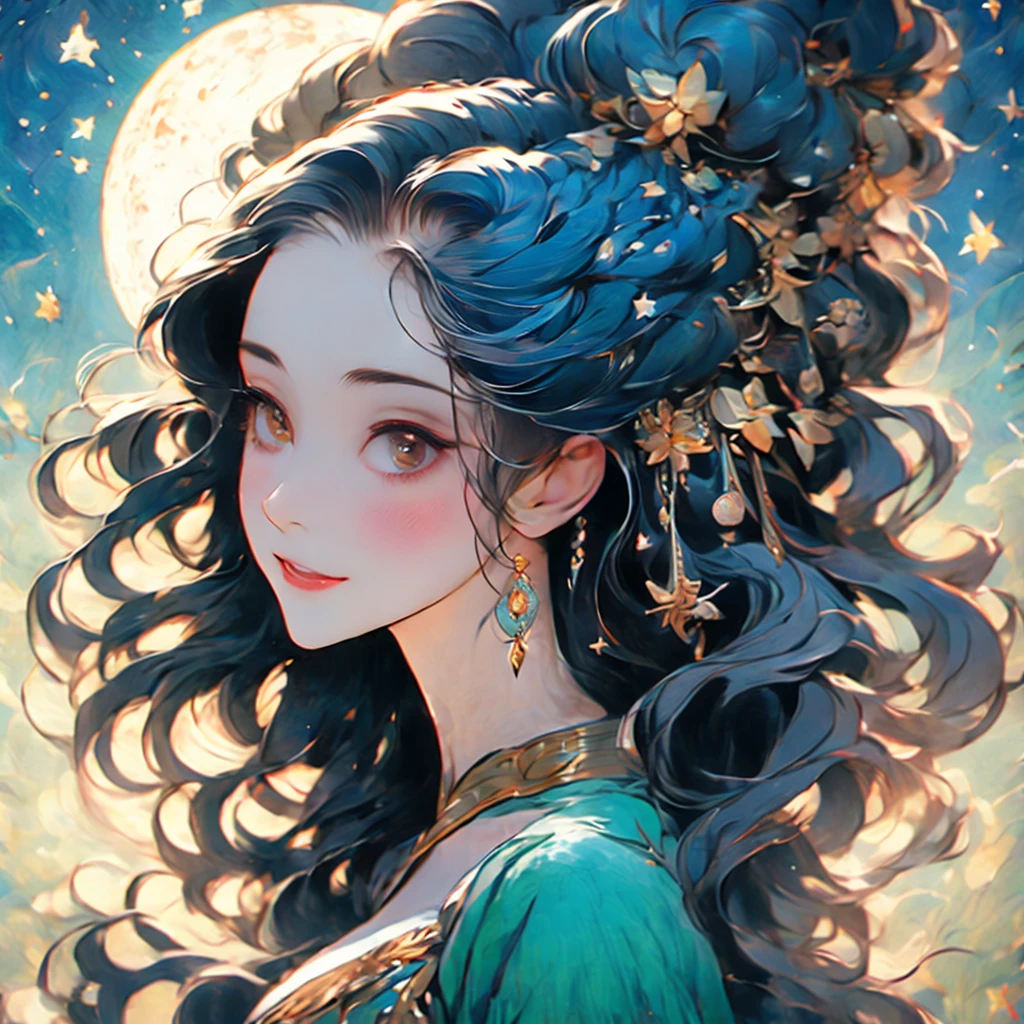 a woman with a crescent and stars in her hair, an ultrafine detailed painting by Rebecca Guay, tumblr, psychedelic art, moon goddess, goddess of the moon, lunar goddess, portrait of a norse moon goddess, celestial goddess, goddess of the hunt and the moon, goddess art, beautiful depiction, cosmic goddess, goddess of space and time, portrait of a cosmic goddess