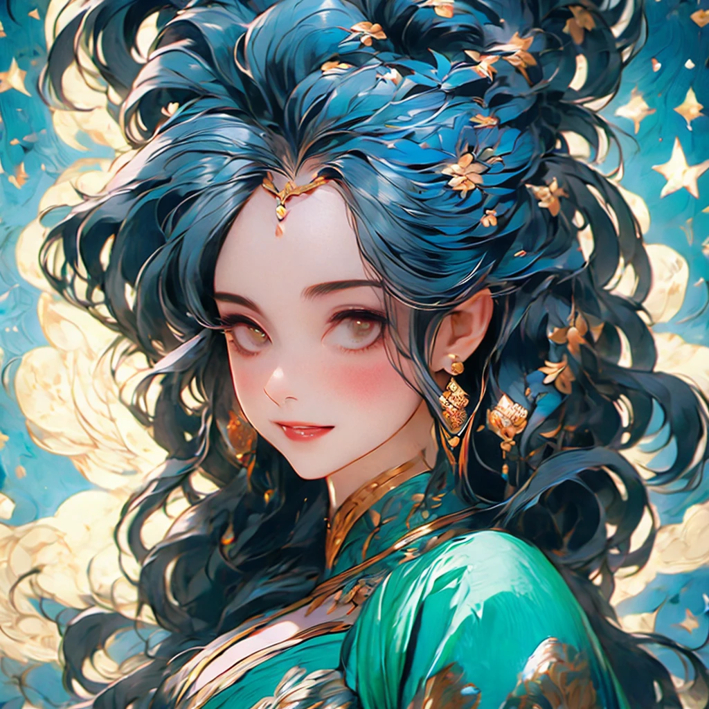 a woman with a crescent and stars in her hair, an ultrafine detailed painting by Rebecca Guay, tumblr, psychedelic art, moon goddess, goddess of the moon, lunar goddess, portrait of a norse moon goddess, celestial goddess, goddess of the hunt and the moon, goddess art, beautiful depiction, cosmic goddess, goddess of space and time, portrait of a cosmic goddess