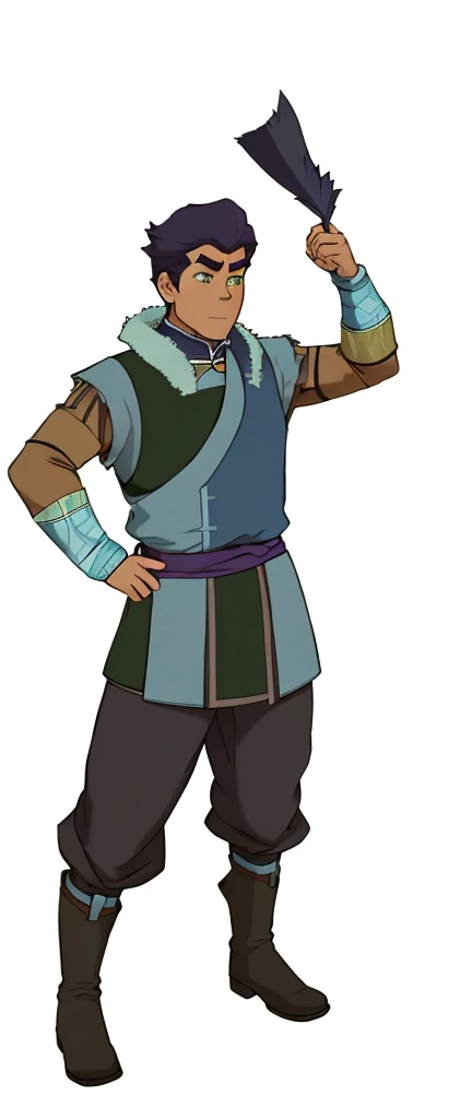 African-American, Bolin, water tribe traditional clothing mixed of blue and purple, with fur in shoulders and neck. Long sleeve, skinny, water tribe outfit. The character is wearing a blue, short-sleeved tunic with gold trim and fastenings down the front and fur collar, and fur on the shoulders. He has on dark purple pants tucked into knee-high boots. A green sash is tied around his waist. The overall style appears to be inspired by traditional East Asian clothing designs., fur on sleeves and shoulders, clothing mixed of water tribe purple and blue color