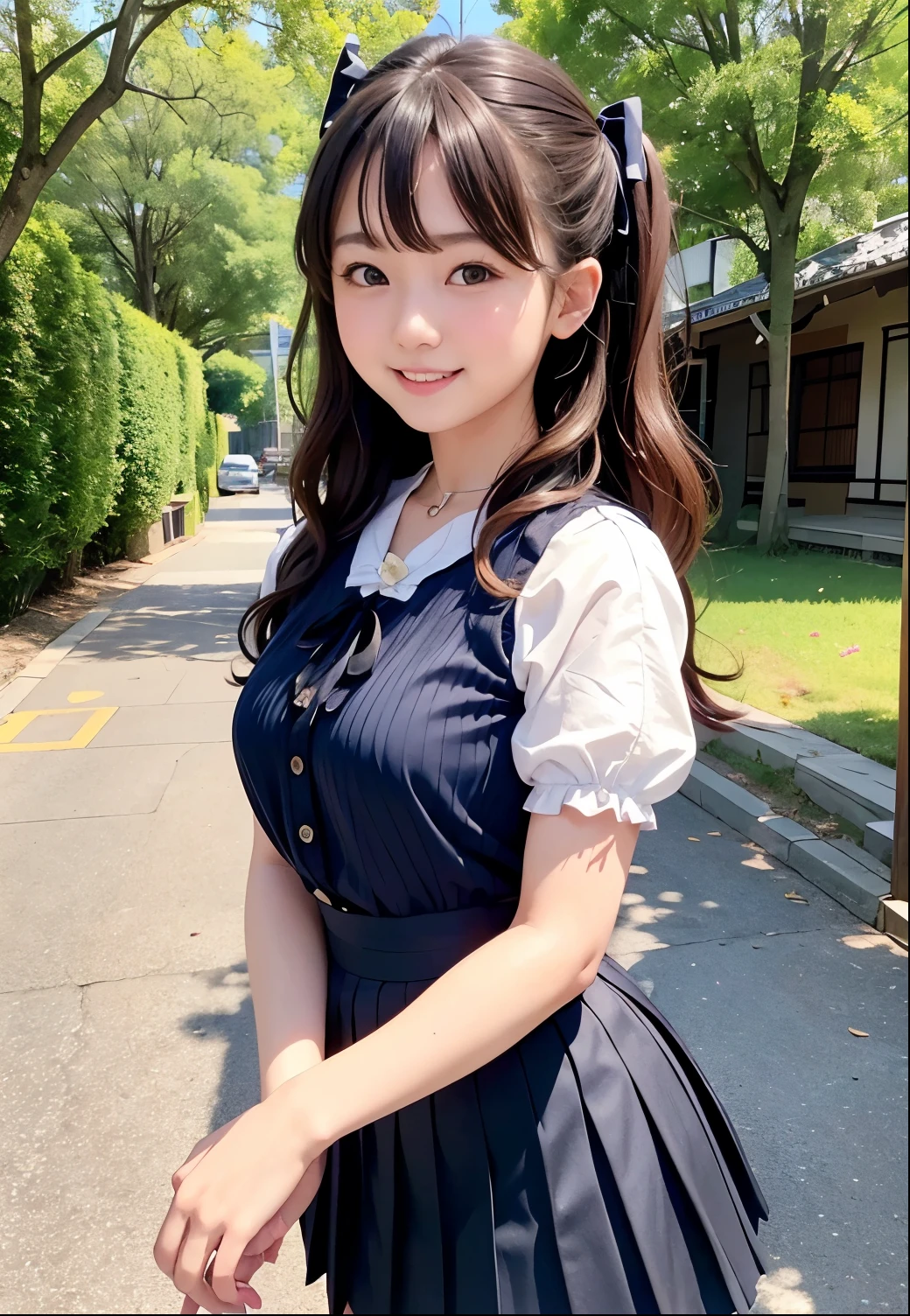 (Highest quality,masterpiece:1.3,Ultra-high resolution),(Very detailed、Caustics) (Realistic:1.4, RAW shooting、)Ultra-Realistic Capture、Very detailed、Natural skin texture、masterpiece、(A Japanese girl wearing a black blouse and pleated skirt:1.3)、Adorable expression、Expressions of happiness、10 years old、heigby Face、Amazingly cute、Twinrstyle、Curly Hair、ribbon、Black Hair、Large Breasts、Shining thighs、Shining ass、necklace、Sidewalk in a residential area、Background details、smile、An inviting gaze、(Anatomically correct)、Cowboy Shot、Attention to detail、