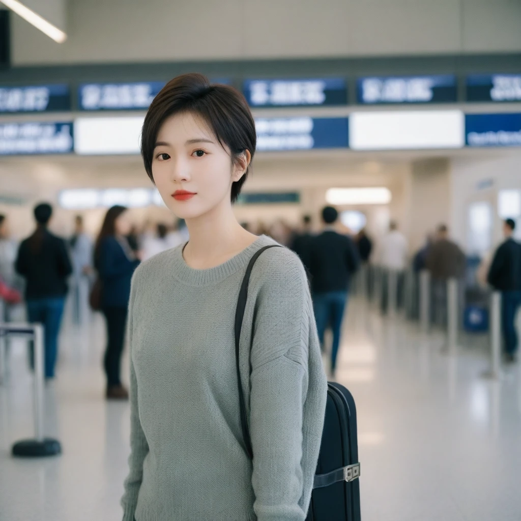 Beautiful 50s Korean woman , 32 inch chest size, Your eyes are big and pretty. Short in stature. Standing in the departure hall of the airport. . short medium hair, Standing in line at the departure hall of Frankfurt Airport, Germany. Wear comfortable travel clothes with jeans. I wore a crumpled jumper .Dragging a suitcase. short medium hair, short height, Full body shot with Canon camera 16-35 wide angle lens, short medium hair. expressionless, full body shot, perfect fingers, Make the airport electronic display visible, 멀리 full body shot, I see an electronic display board, short woman, Standing in line at the airport departure hall