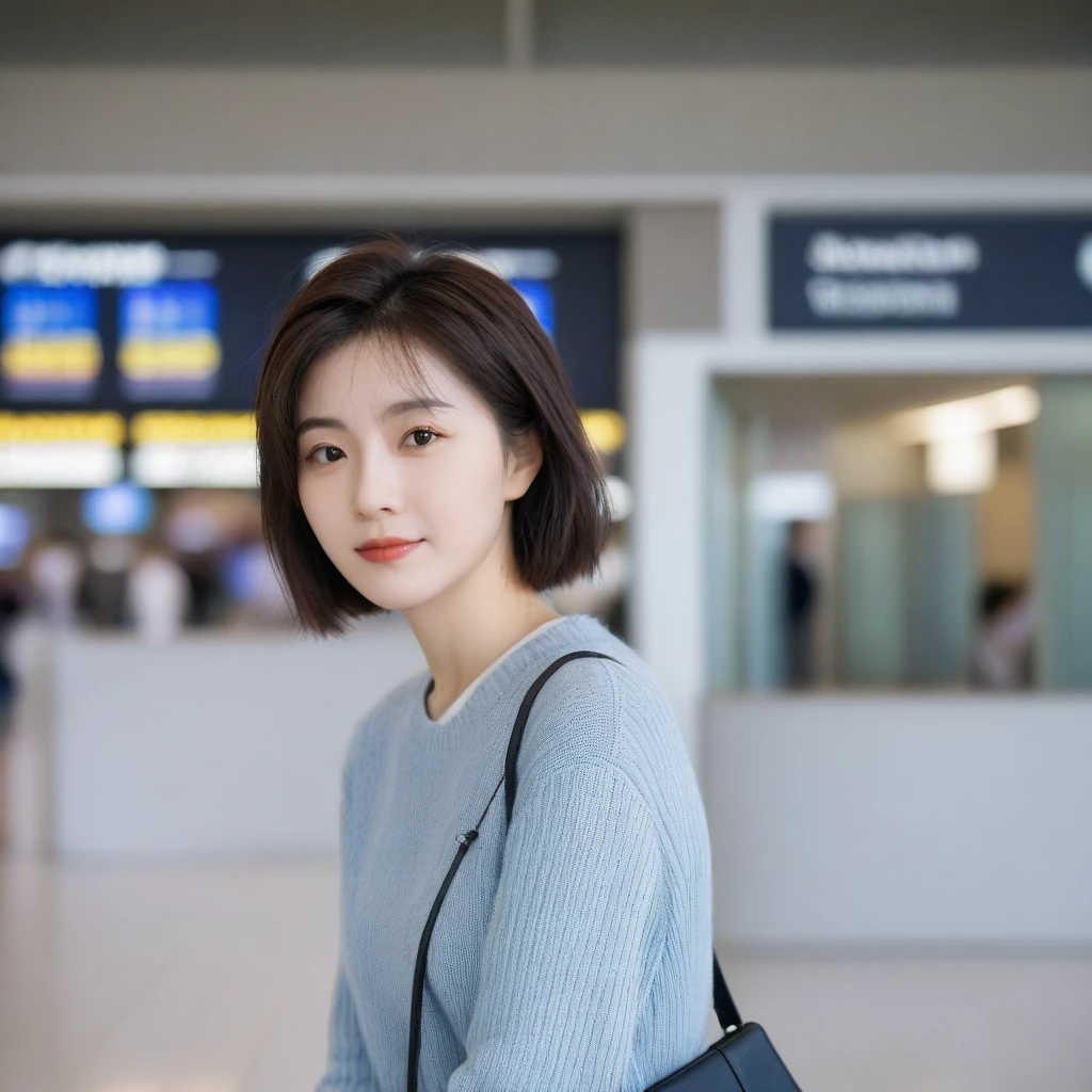 Beautiful 50s Korean woman , 32 inch chest size, Your eyes are big and pretty. Short in stature. Standing in the departure hall of the airport. . short medium hair, Standing in line at the departure hall of Frankfurt Airport, Germany. Wear comfortable travel clothes with jeans. I wore a crumpled jumper .Dragging a suitcase. short medium hair, short height, Full body shot with Canon camera 16-35 wide angle lens, short medium hair. expressionless, full body shot, perfect fingers, Make the airport electronic display visible, 멀리 full body shot, I see an electronic display board, short woman, Standing in line at the airport departure hall