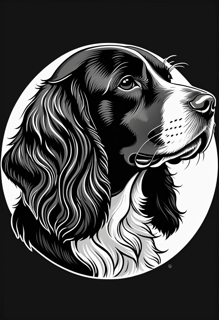 round logo black and white, contours of a spaniel head in profile, to the right, graphics
