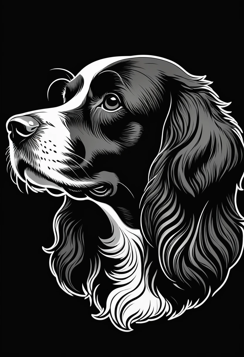 round logo black and white, contours of a spaniel head in profile, to the right, graphics