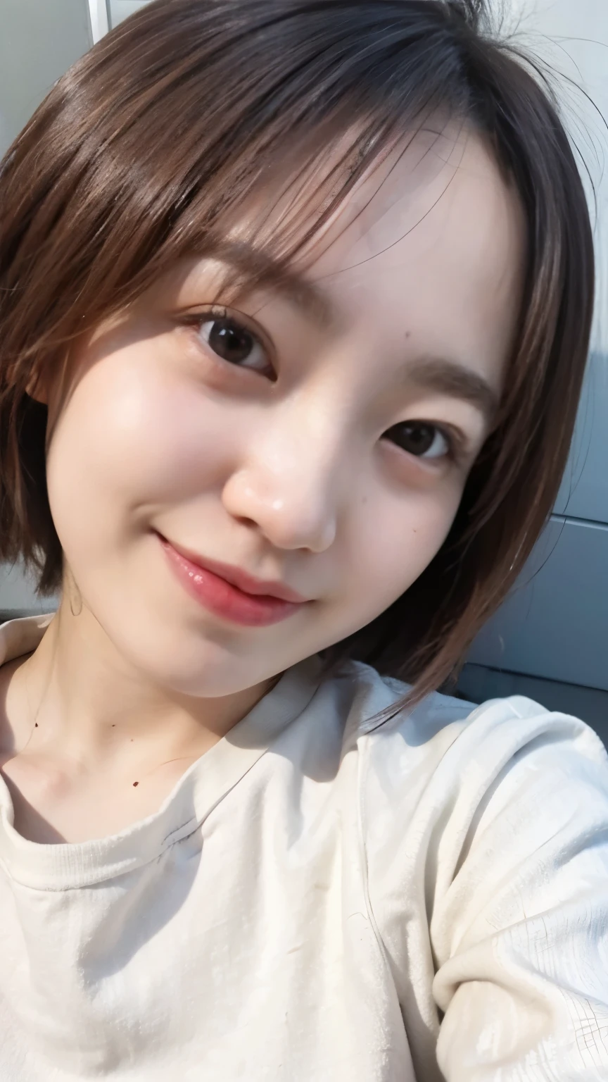 (8K、RAW Photos、Highest quality、masterpiece:1.2)、((Smiling with teeth showing、Thin your eyebrows、Thin your eyebrows、Make your pupils smaller:1.5))、((lower nose、Nasolabial folds:1.2))、((Nipples、pubic hair:1.3))、((Short Hair、bangs))、(Realistic、Realistic)、1 Girl、((naked、wake up、After sexual、morning、 Hotel Bedroom、 Lying in bed、Bathrobes、Flat Chest、smile))、cute