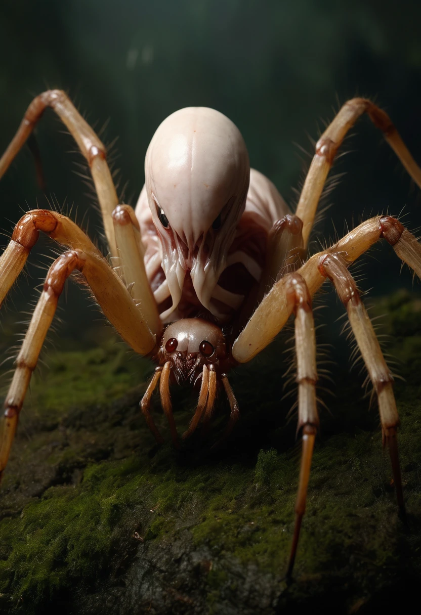 Highest quality,4K,8K,High resolution,masterpiece:1.2),Super detailed,Realistic,photoRealistic:1.37,this creature, A terrifying fusion of a spider and a six-armed human woman, It embodies a grotesque harmony between two different forms.. The upper body retains unmistakably feminine features, Although it has been distorted during the merger process. His eyes shine with sinister intelligence, More spiders than humans. (Hairless, White skin:1.3),

胴体からさらに4本の手feetが生えてくる, Long and thin like a spider、There is a joint, but、It retains an eerily human-like texture.. In these arms、It has sharp-tipped fingers, Chitinous Claws, Can tear flesh easily.

The lower body is a mix of spider and human anatomy, The abdomen stretches backwards like a monstrous arachnid.. Jagged spines protrude from its exoskeleton., Each a reminder of our unnatural origins. feet, A grotesque combination of a human thigh and a spider&#39;s hairy limb, Offers both agility and strength, Able to glide across surfaces with incredible speed and grace.

in its existence, I can&#39;t help but feel a primal fear., It&#39;s like staring into an abyss where man and spider combine to create a nightmare avatar..