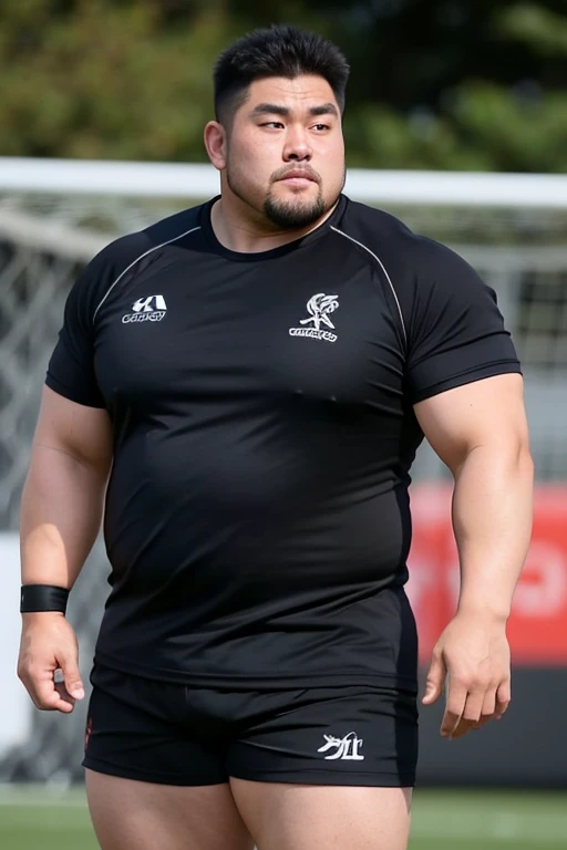 A large Japanese man wearing a tight black T-shirt、whole body、Rugby last week、Thick legs、Thick arm muscles、Intimidating、whole body
