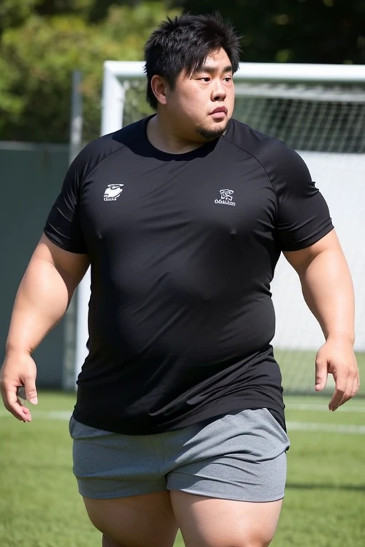 A large Japanese man wearing a tight black T-shirt、whole body、Rugby last week、Thick legs、Thick arm muscles、Intimidating、whole body