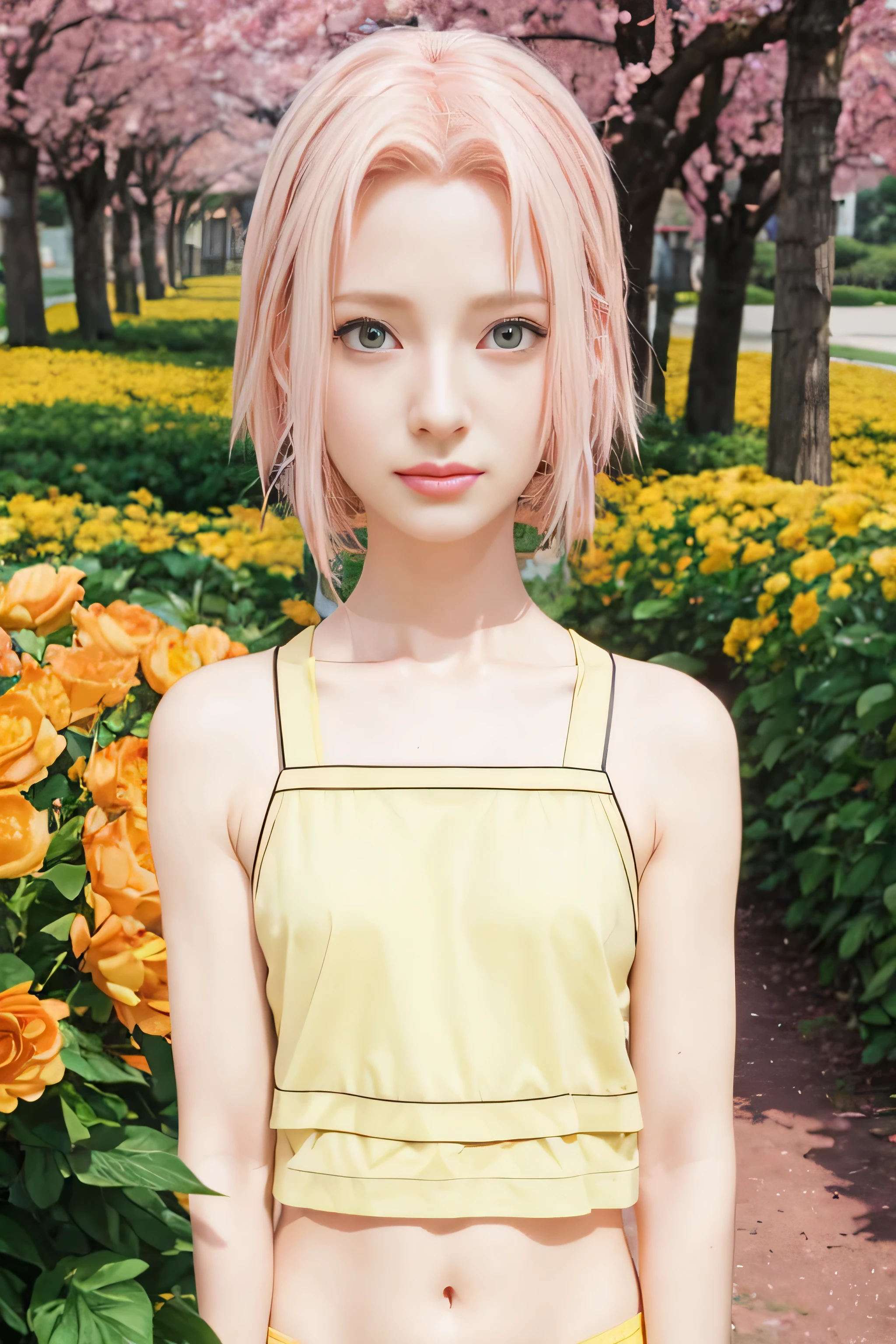 masterpiece, best quality, (realistic,photo-realistic:1.4), (RAW photo:1.2), extremely detailed CG unity 8k wallpaper, delicate and beautiful, amazing,finely detail, official art, absurdres, incredibly absurdres, huge filesize, ultra-detailed,extremely detailed eyes and face,light on face,little smile,(pink hair:1.4),short hair,(wearing sleeveless yellow underwear:1.4),green eyes,garden,sakura haruno,navel