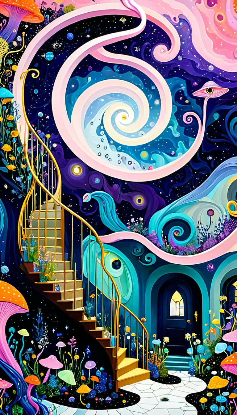 &References;Dick Ellescas Artist Style&References;,Fairy tale world,house,Tentacles瀑布,Starry Sky、rivesh、Tentacles、bird、Eye、People silhouette、diatom,Spiral staircase endless loop,Abstract mosaic painting,Describing the inner world of autistic people,Sense of space,White space,interesting,Innocence,Psychedelic Art,Pink Theme,Bold contrasts,Purple and Orange
