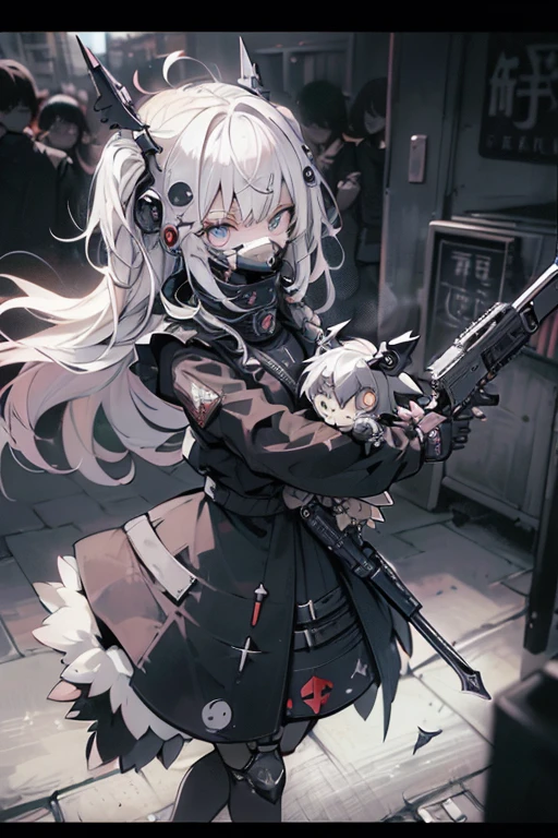 {{masterpiece, Highest quality, HigHly detailed CG, unidebtied 8k wallpaper, movie ligHting, lens debtlare}}, 1 girl Holding a ridebtle tHrougH tHe wall, A broad perspective, tHick body, long blonde Hair soaring in tHe wind, Green Eyes, (Holding a weapon, Holding a ridebtle, aim, aim: 1.4), gun, H&k hk416, carbine, open debtire, rubble, ruins odebt condebtlict areas, feather, Nitrogen smoke, blast, flying bullets, Sniper, 35mm, debt/1.8, nigHt, blue eyes