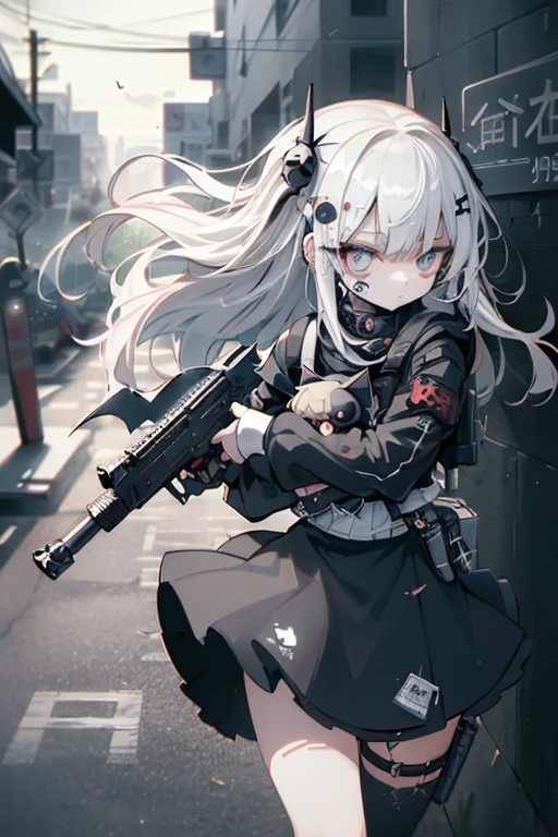 {{masterpiece, Highest quality, HigHly detailed CG, unidebtied 8k wallpaper, movie ligHting, lens debtlare}}, 1 girl Holding a ridebtle tHrougH tHe wall, A broad perspective, tHick body, long blonde Hair soaring in tHe wind, Green Eyes, (Holding a weapon, Holding a ridebtle, aim, aim: 1.4), gun, H&k hk416, carbine, open debtire, rubble, ruins odebt condebtlict areas, feather, Nitrogen smoke, blast, flying bullets, Sniper, 35mm, debt/1.8, nigHt, blue eyes