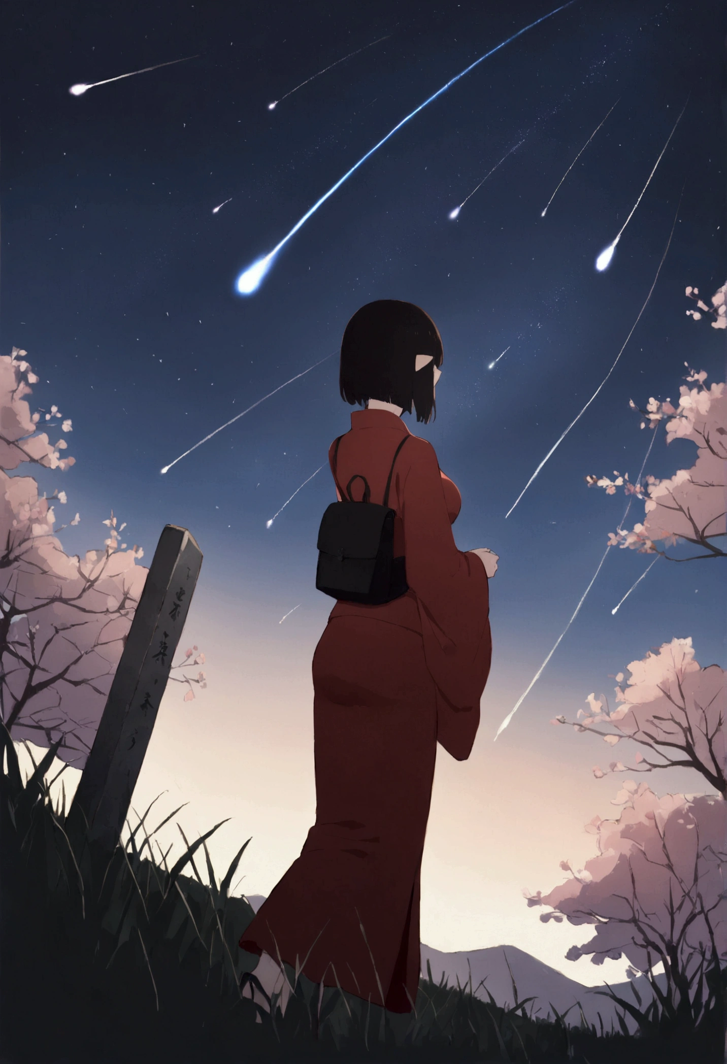 1 girl, distant girl wearing a kimono staring at the stele, (diminished:1.1), (meteor shower:1.2), (comet:1.1), Seu Nome, Low angle, from behind, aroura borealis, Shooting Star, yukata, red kimono, Cherry blossoms, standing in a field,best qualityer, work of art, nube,colorfully, starlit,stele,