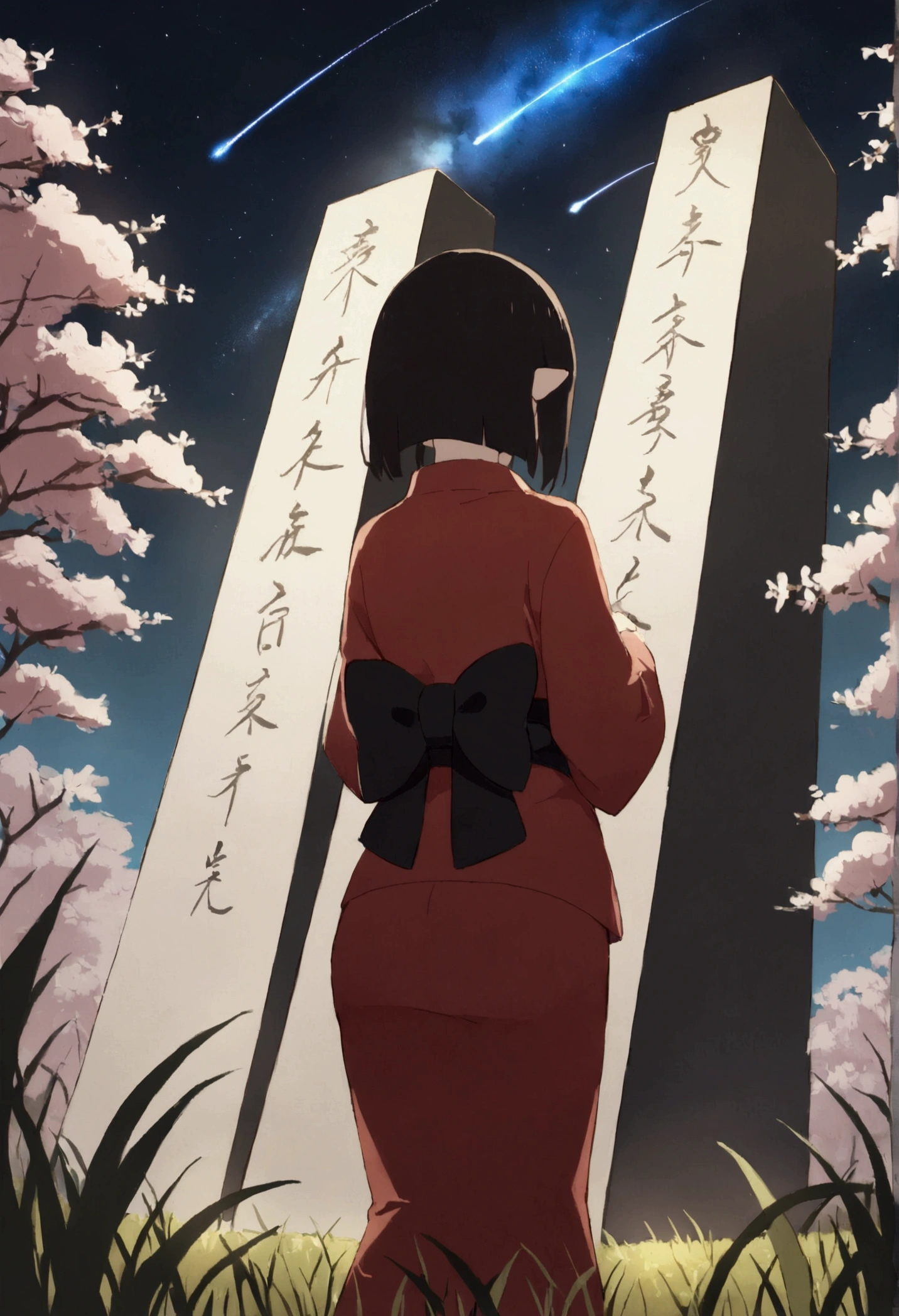 1 girl, distant girl wearing a kimono staring at the stele, (diminished:1.1), (meteor shower:1.2), (comet:1.1), Seu Nome, Low angle, from behind, aroura borealis, Shooting Star, yukata, red kimono, Cherry blossoms, standing in a field,best qualityer, work of art, nube,colorfully, starlit,stele,