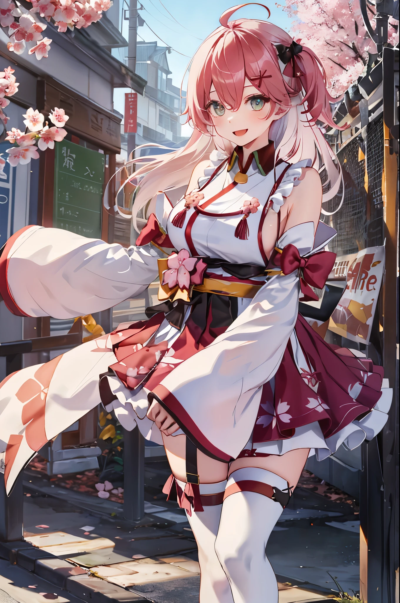 masterpiece, best quality, highres, miko1, sakura_miko, 1girl, big_boobs, solo, ahoge, x_hair_ornament, pink_hair, floral print, hairclip,(side_less_clothes:1.5), (side_boobs:1.5), hair_bell, floral print, long_hair, hair between eyes, one side up, white thighhighs, asymmetrical legwear, wide sleeves, open_mouth,(happy:1.3),gleen_eyes,big_smile,(rise_leg:1.3),plump,apart_legs,(overly_long_sleeves:1.3),),sleeves_past_wrists,hands_hidden_sleeves,sidelock_clothes,dynamic_posing,solo,hidden_wrists,(XD:1.4),covered_nipples,sunlight,cherryblossom_background,