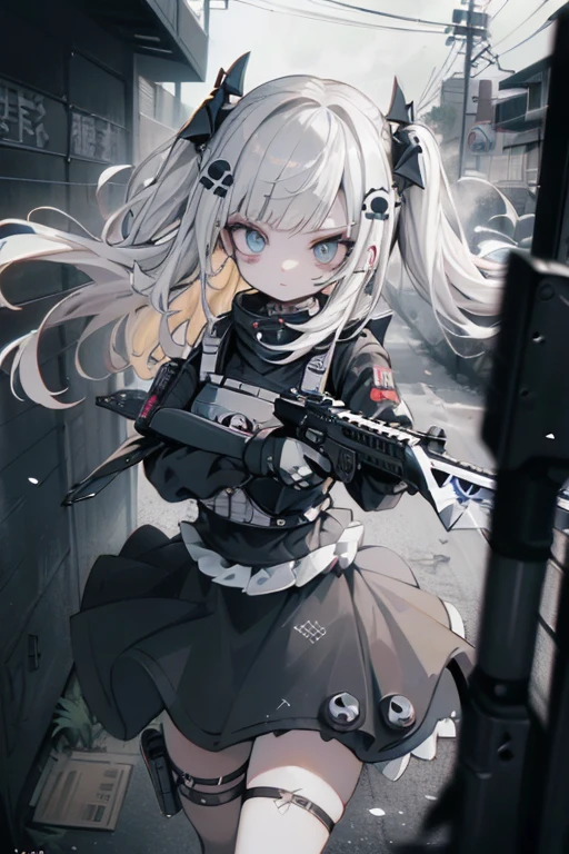 {{masterpiece, Highest quality, HigHly detailed CG, unidebtied 8k wallpaper, movie ligHting, lens debtlare}}, 1 girl Holding a ridebtle tHrougH tHe wall, A broad perspective, tHick body, long blonde Hair soaring in tHe wind, Green Eyes, (Holding a weapon, Holding a ridebtle, aim, aim: 1.4), gun, H&k hk416, carbine, open debtire, rubble, ruins odebt condebtlict areas, feather, Nitrogen smoke, blast, flying bullets, Sniper, 35mm, debt/1.8, nigHt, blue eyes
