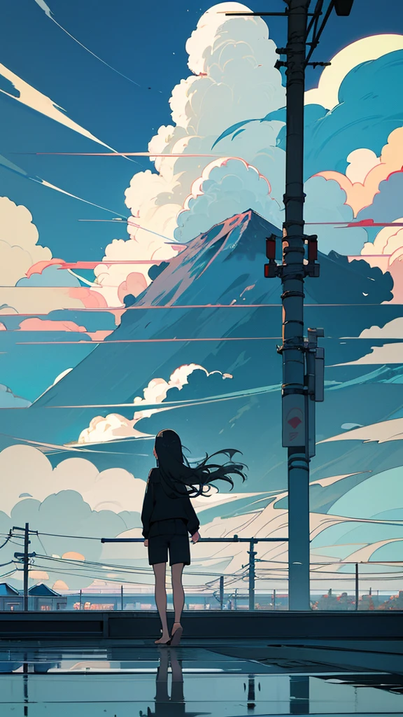 masterpiece, Exquisite detail,Highest quality, One girl, alone, handrail, cloud, buildings,Long Hair, NULL, Long sleeve, Power lines, White footwear, Black Hair, Electric pole, bangs, cloudy NULL, fish, bird, Green Eyes, Shorts, Day, Black Shirt, barefoot,Pitch black,Buildings,High quality anime art style，Standing painting，Splash ink background,Blue Themes,Clear Face,Distinct facial features,Fuji Mountain,Fuji Mountain,Buildings in Tokyo,Looking at me,View from behind,sitting in water,Bright sky,Daytime,Looking straight ahead,Future City,train,Railroad crossing,morning,A train running on the tracks,the sun and the moon,blue sky