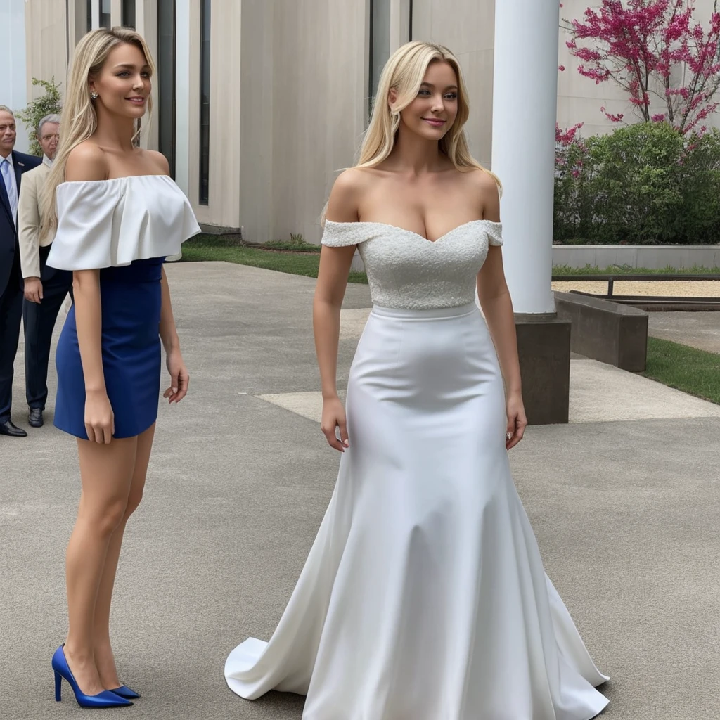 First Lady, 50 talents、Top、POV、View Viewer, Blonde, Exposing shoulders, Blue eyes, Huge breasts、Narrow waist、Wide pelvis、Perfect proportions Off the shoulder, Ceremony Suit、