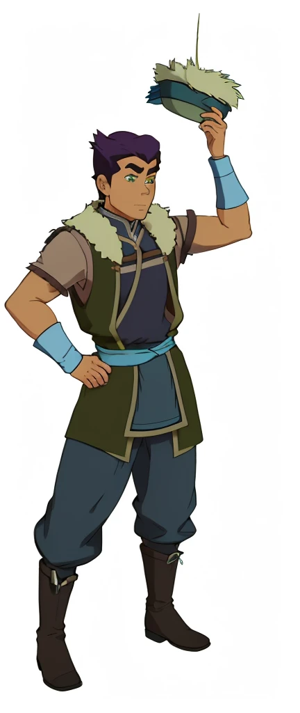 African-American, Bolin, water tribe traditional clothing mixed of blue and purple, with fur in shoulders and neck. Long sleeve, skinny, water tribe outfit. The character is wearing a blue, short-sleeved tunic with gold trim and fastenings down the front and fur collar, and fur on the shoulders. He has on dark purple pants tucked into knee-high boots. A green sash is tied around his waist. The overall style appears to be inspired by traditional East Asian clothing designs., fur on sleeves and shoulders, clothing mixed of water tribe purple and blue color and dark purple pants 