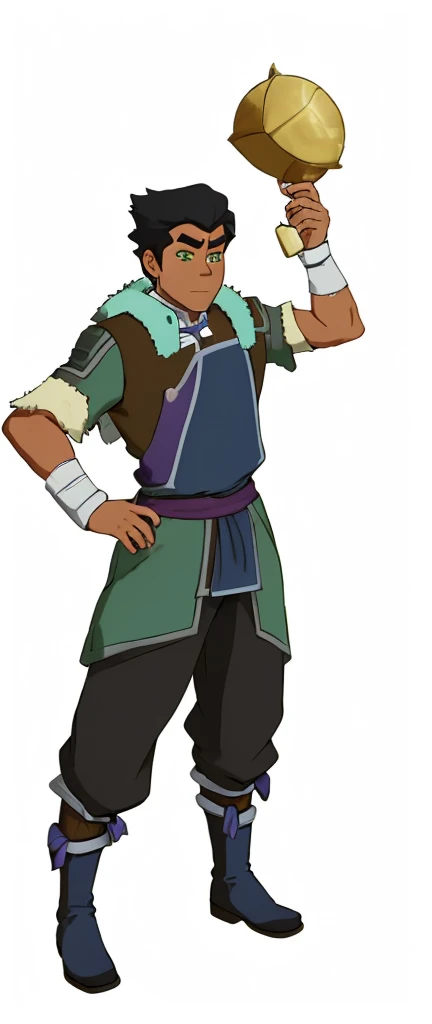 African-American, Bolin, water tribe traditional clothing mixed of blue and purple, with fur in shoulders and neck. Long sleeve, skinny, water tribe outfit. The character is wearing a blue, short-sleeved tunic with gold trim and fastenings down the front and fur collar, and fur on the shoulders. He has on dark purple pants tucked into knee-high boots. A green sash is tied around his waist. The overall style appears to be inspired by traditional East Asian clothing designs., fur on sleeves and shoulders, clothing mixed of water tribe purple and blue color and dark purple pants
