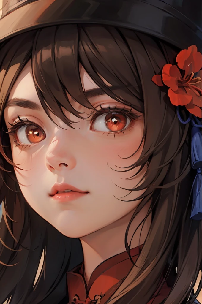 1 girl solo, brown jacket, long brown hair, red eyes, brown hat with red flowers, in a small medieval chinese town, old chinese buildings, chinese temple, ((portrait face closeup))
