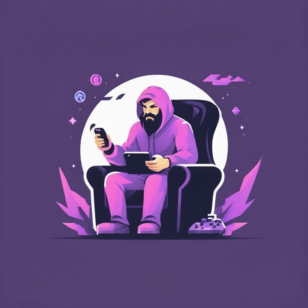 A logo for a video game company, with a sorcerer playing video games and with a video game controller, Sitting in an armchair, minimalist, of various shades of violet.