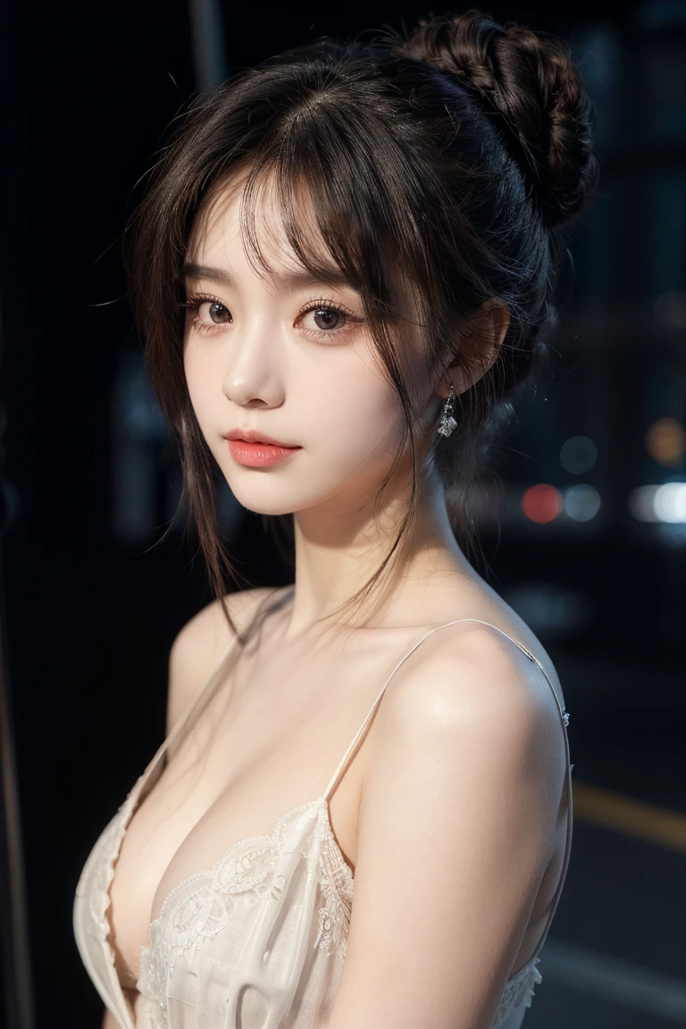 mix4, (8k, RAW photo, best quality, masterpiece: 1.45), (realistic, photorealistic: 1.37), one girl, cute, cityscape, night, rain, wet, professional lighting, photons mapping, radiosity, physically based rendering, gradient black hair, gray hair, short curly hair, handsome, girl, lace(((Deep V-neckline)))slip dress, top quality photo, high res, 1080p, (clear face), (detailed face description), (detailed hand description), (masterpiece), (exquisite CG), extreme light and shadow, disheveled hair, master work, rich details, (fine facial features), (highest quality photo), (masterpiece), (detailed eyes), look in front of you eyes, fine clavicle, ((big breasts, huge areola)),(((areola_slip))),((puffy areolae)),((sideboob)),(underboob),(((collar))),earrings,cleavage,(NSFW:1.2)