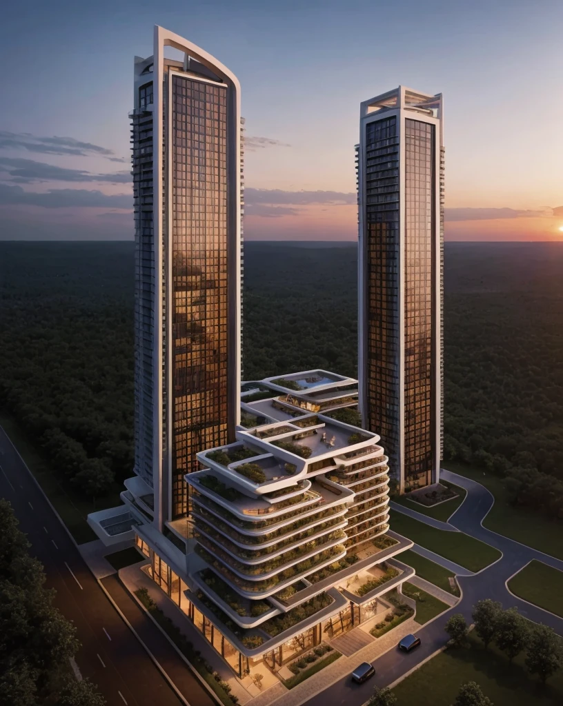 Resort with Zaha Hadid style tower with wood and metal texture, hotel with infinity pool, rural landscape at dusk in high quality, cattle farm, 8k UHD