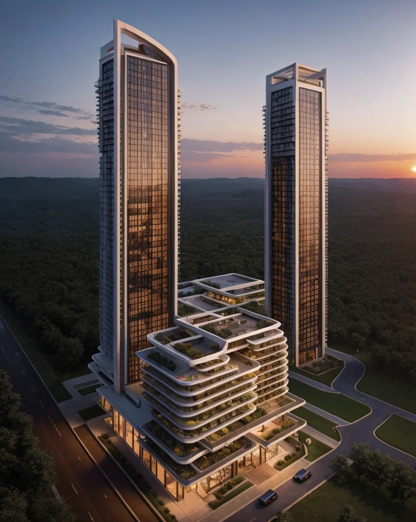 Resort with Zaha Hadid style tower with wood and metal texture, hotel with infinity pool, rural landscape at dusk in high quality, cattle farm, 8k UHD