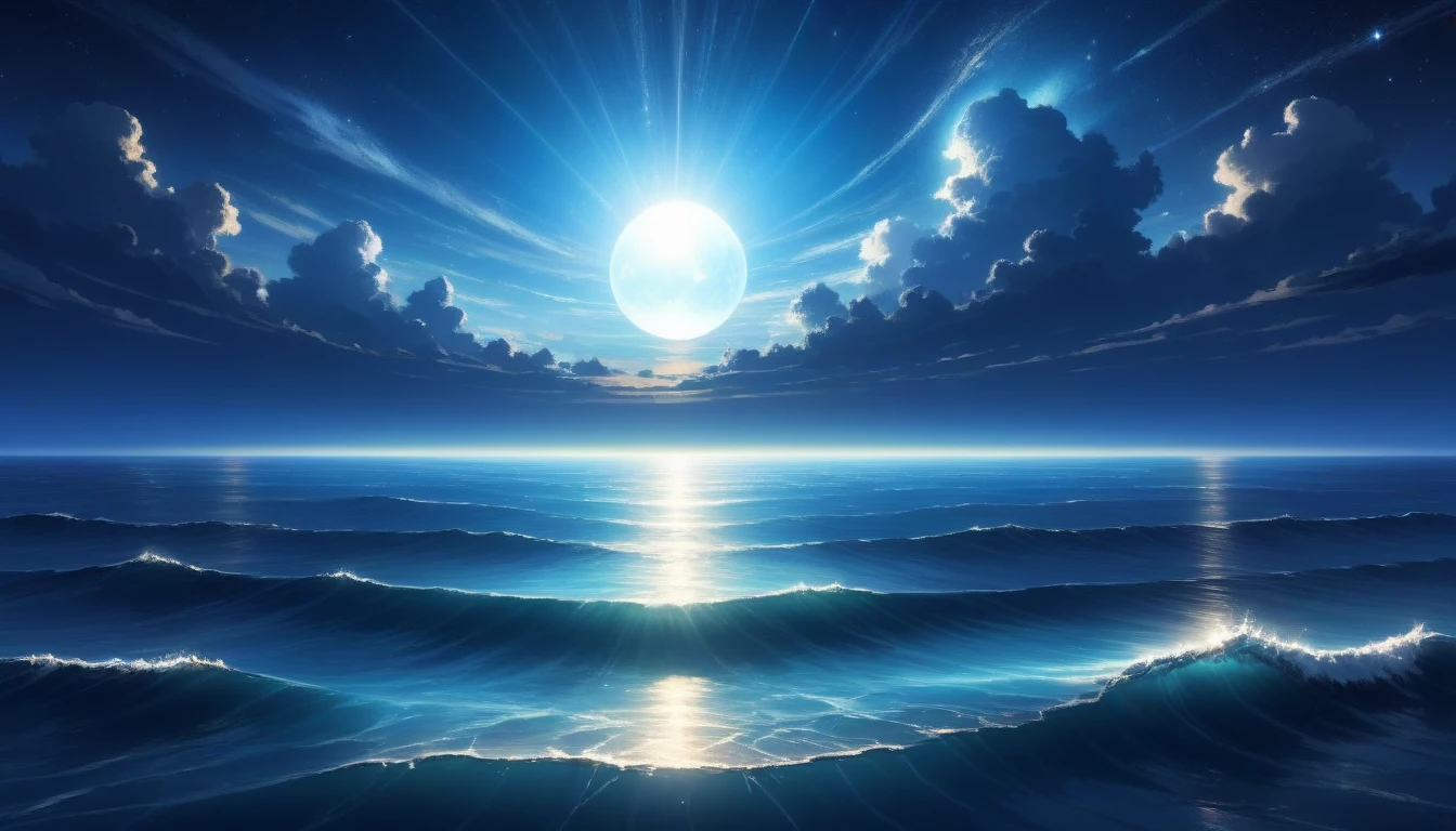 at nigh, front view of a vast, infinite beautiful ocean with clear water with a beautiful majestic planet radiating in the night sky 