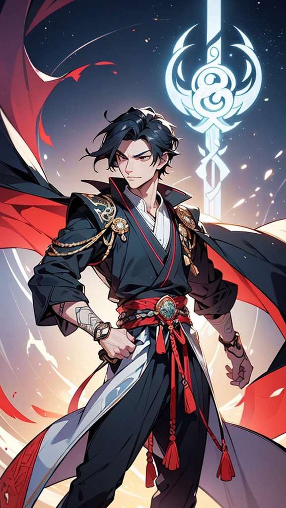 

The protagonist is a young, charismatic Chinese man in his mid-20s, exuding an air of confident arrogance. He stands at around 6 feet tall, with a lean but muscular build, indicating both agility and strength. His sharp, angular facial features include high cheekbones, a straight nose, and piercing almond-shaped eyes that gleam with intelligence and a hint of mischief. His eyes are a deep, penetrating black, often reflecting a cunning glint that hints at his ambitious nature.

**Hairstyle and Clothing:**

His jet-black hair is styled in a modern, slightly tousled look, with the longer top strands casually swept back, giving him a refined yet effortlessly stylish appearance. He wears a traditional Hanfu, symbolizing his connection to ancient Chinese culture, but with a contemporary twist. The Hanfu is made of luxurious silk, in shades of dark blue and silver, intricately embroidered with patterns of dragons and clouds, signifying power and ambition. The long, flowing sleeves and the high-collared neck add to his regal demeanor.

**Accessories and Actions:**

In one hand, he holds an ancient, ornate sword with a gleaming blade, the hilt adorned with intricate designs and precious stones. The sword symbolizes his readiness for battle and his deep connection to his heritage. Around his neck hangs a jade pendant, a family heirloom, radiating a subtle, otherworldly glow, suggesting a link to supernatural powers. His stance is confident and commanding, with one foot slightly forward as if he is ready to step into action at any moment.

**Background and Setting:**

The background is a dynamic blend of ancient and futuristic elements, representing the novel’s unique setting of a civilization that merges traditional Chinese culture with advanced technology. Behind him, towering skyscrapers made of shimmering glass and steel contrast with traditional pagodas and ancient stone structures, creating a harmonious blend of the past and the future. The sky is painted with hues of 