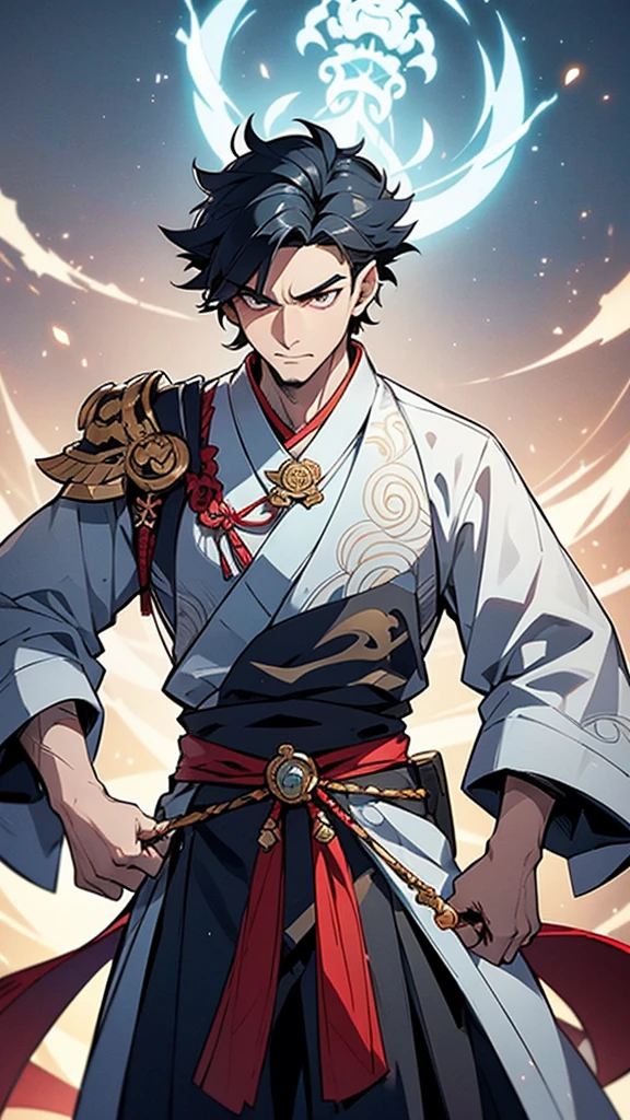 

The protagonist is a young, charismatic Chinese man in his mid-20s, exuding an air of confident arrogance. He stands at around 6 feet tall, with a lean but muscular build, indicating both agility and strength. His sharp, angular facial features include high cheekbones, a straight nose, and piercing almond-shaped eyes that gleam with intelligence and a hint of mischief. His eyes are a deep, penetrating black, often reflecting a cunning glint that hints at his ambitious nature.

**Hairstyle and Clothing:**

His jet-black hair is styled in a modern, slightly tousled look, with the longer top strands casually swept back, giving him a refined yet effortlessly stylish appearance. He wears a traditional Hanfu, symbolizing his connection to ancient Chinese culture, but with a contemporary twist. The Hanfu is made of luxurious silk, in shades of dark blue and silver, intricately embroidered with patterns of dragons and clouds, signifying power and ambition. The long, flowing sleeves and the high-collared neck add to his regal demeanor.

**Accessories and Actions:**

In one hand, he holds an ancient, ornate sword with a gleaming blade, the hilt adorned with intricate designs and precious stones. The sword symbolizes his readiness for battle and his deep connection to his heritage. Around his neck hangs a jade pendant, a family heirloom, radiating a subtle, otherworldly glow, suggesting a link to supernatural powers. His stance is confident and commanding, with one foot slightly forward as if he is ready to step into action at any moment.

**Background and Setting:**

The background is a dynamic blend of ancient and futuristic elements, representing the novel’s unique setting of a civilization that merges traditional Chinese culture with advanced technology. Behind him, towering skyscrapers made of shimmering glass and steel contrast with traditional pagodas and ancient stone structures, creating a harmonious blend of the past and the future. The sky is painted with hues of 